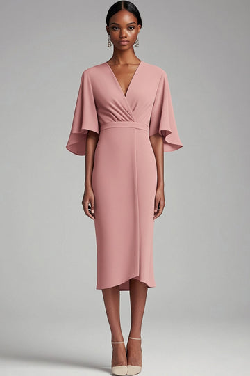 Robe longue mère moulante en mousseline de soie à col en V rose avec manches 1/2